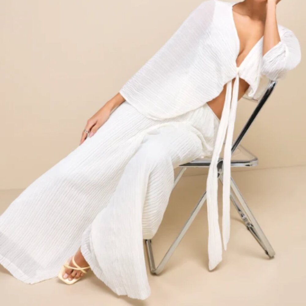 Lulu's Pristine Presence Ivory Plisse High-Waisted Wide-Leg Pants